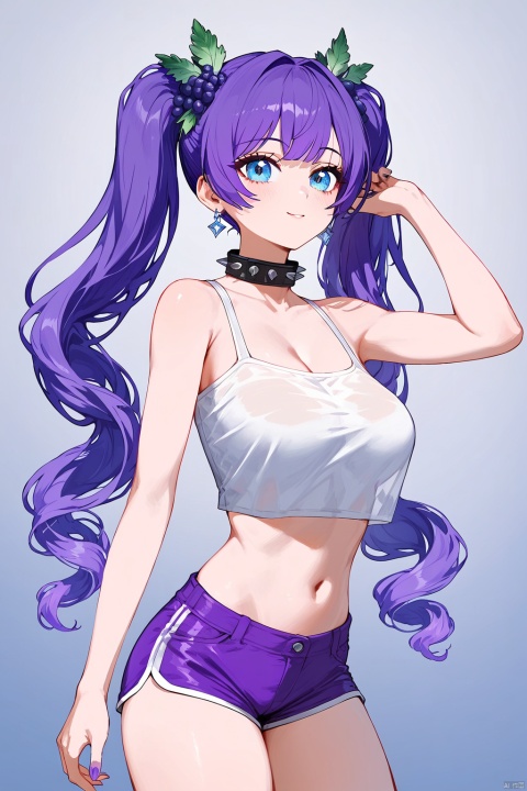 (score_9,score_8_up,score_7_up),style_1,style_2,style_3,style_4, glow,masterpiece,best quality,amazing quality,beautiful detailed,4K,very aesthetic,beautiful color,1girl, twintails, solo, blue eyes, purple hair, grapes hair ornament, white crop top, purple shorts, long hair, bangs, spikes, breasts, spikedcollar,A masterpiece of 4K beauty, captured in stunning detail. A solo subject, a woman with mesmerizing blue eyes and striking purple hair, styled in twintails adorned with grapes hair ornaments. She wears a fitted white crop top and vibrant purple shorts, her long hair flowing down her back with spiky bangs framing her face. A spiked collar accentuates her toned physique, drawing attention to her impressive breasts. The scene is bathed in a warm glow, the colors popping against the neutral background.