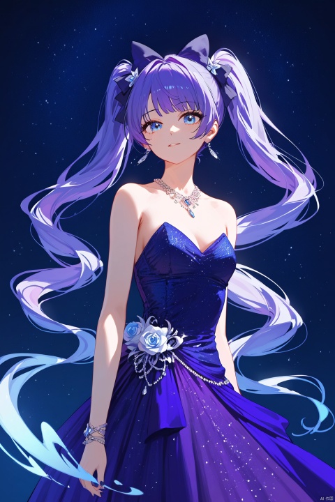 (score_9,score_8_up,score_7_up),style_1,style_2,style_3,style_4, glow,masterpiece,best quality,amazing quality,beautiful detailed,4K,very aesthetic,beautiful color,1girl, twintails, solo, blue eyes, long hair, purple evening gown, purple hair, sleeveless, bangs, blue hair bow, grey hairribbon, line art