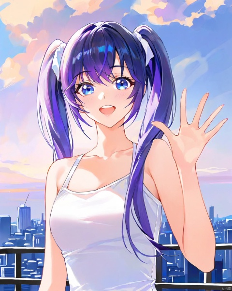 by ATDAN,by modare,(by ciloranko:0.5),1girl,purple hair,blue eyes,twintails,masterpiece,aesthetic, beautiful color, best quality,high quality,blurry background,cowboy_shot, clean color,looking_at_viewer,upper_body,gentle eyes,luminous eyes,waving,ray tracing,2.5d,highres,city,sky,cloud,wind