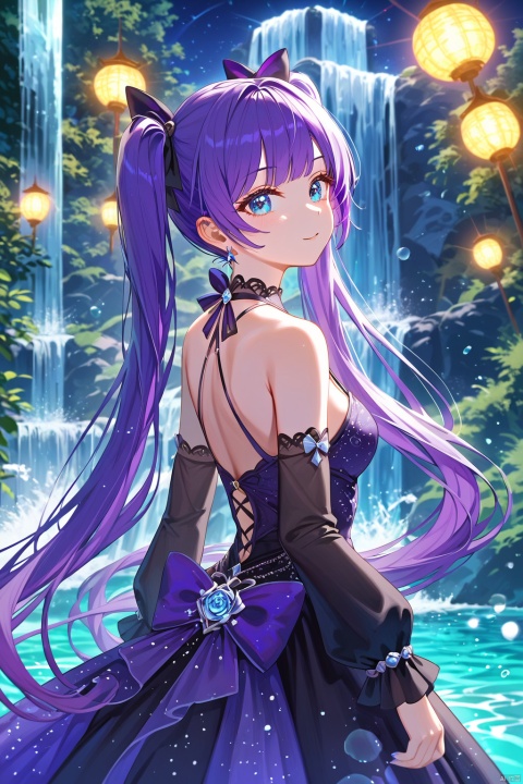 (score_9,score_8_up,score_7_up),style_1,style_2,style_3,style_4, glow,masterpiece,best quality,amazing quality,beautiful detailed,4K,very aesthetic,beautiful color,1girl, twintails, solo, blue eyes, purple hair bow, halter dress, black sleeves, long hair, purple hair,bangs,A stunning 1-girl portrait, shot in a warm, soft focus to emphasize the masterpiece's amazing quality. The beautiful detailed subject wears a flowing halter dress with black sleeves, her twintails cascading down her back like a waterfall of night sky hues. Her purple hair bow shines like a beacon, as she gazes straight into the camera lens with piercing blue eyes. Long strands of purple hair fall across her face, framing it like a work of art. The background is blurred, allowing the viewer's focus to remain on the breathtaking subject, rendered in 4K beauty with vibrant color and textured brushstrokes reminiscent of impasto or watercolor techniques.