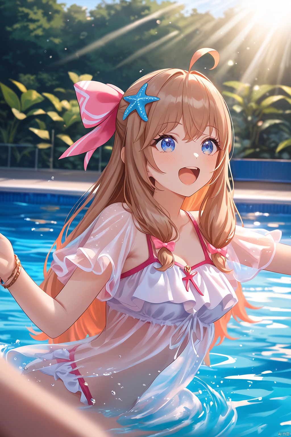 masterpiece,best quality,amazing quality,anime,anime color,1girl,swimsuit,blue eyes,long hair,brown hair,ahoge,pink hair bow,bracelet,starfish hair ornament,see-through,see-through sleeves,shortsleeves,Anime style, cinematic shot of a girl playing joyfully in a swimming pool, dynamic and energetic, with beautiful detailed eyes, sun-kissed skin, surrounded by the cool blue water of the pool, splashing water with a sense of fun, bright sunlight casting a warm glow, tropical plants adding to the lively setting, (best quality, 4k, 8k, highres, masterpiece:1.2), ultra-detailed, realistic, , vibrant colors, sharp focus, dynamic lighting, high contrast, anime portraits, outdoor summer scene, cheerful mood, youthful energy, clear water with sparkling reflections, playful water splashes, sunny and bright anime art, cinematic composition, film grain, depth of field, (happy:1.1), (joyful:1.1), (carefree:1.1), (youthful:1.1), (swimming pool:1.3), (sunlight:1.3), (anime vibrant:1.2), (colorful:1.2), (anime realism:1.2), (anime high-definition:1.2), (anime joyful expression:1.2), (cinematic lighting:1.3), (filmic look:1.3)