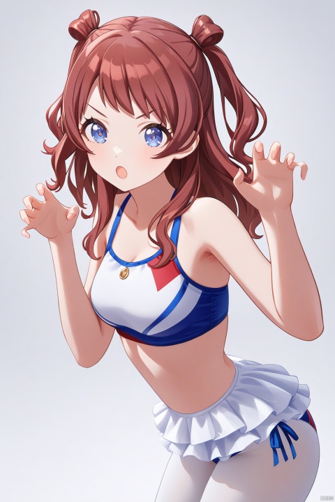 clean color,saki hanami,saki one,1girl,blue eyes,long hair,two side up,red hair,:o,swimsuit,white pantyhose,detailed face,(simple background),(white background),(upper body) BREAK beautiful color,detailed,best quality,amazing quality,very aesthetic,colorful,masterpiece,look at viewer,best quality,claw pose,standing,snclstyle,from side