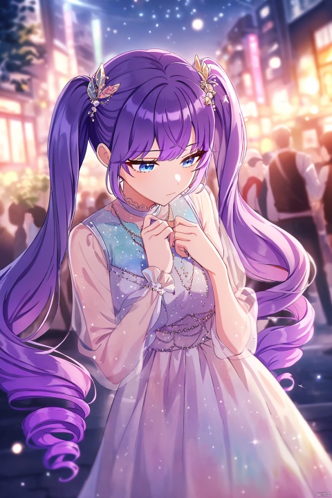 very aesthetic,aesthetic,amazing quality,best quality,hight,hight quality,masterpiece,,snclstyl,beautiful detailed eyes,gentle eyes BREAK
,long hair,purple hair,blue eyes,twintails,dress,see-through,hair ornament BREAK
(blurry),(blurry_foreground),(depth_of_field),wallpaper,highres,colorful,Cinematic Lighting,lens flare,looking_away,head_down,upper body,traditional_media,sparkle,starry,pastel color,watercolor,shiny,drill hair, snclstyle,city,glow,Hazy light