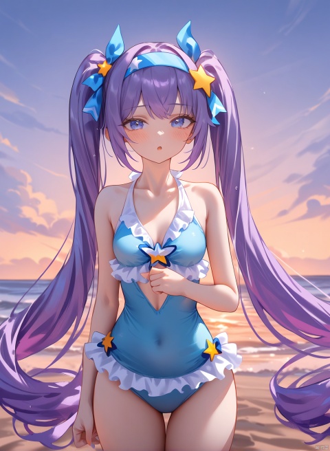 2d,anime,source_anime,highres absurdres,masterpiece,bestquality,higher quality,best quality,blush, 1girl, purple hair, twintails, blue eyes, long hair, star hair ornament, blue one-piece swimsuit, blue hairband, solo, very long hair, small breasts, frilledswimsuit,aesthetic,very aesthetic,best quality,hight ,sky,wind,floating flowers,vision