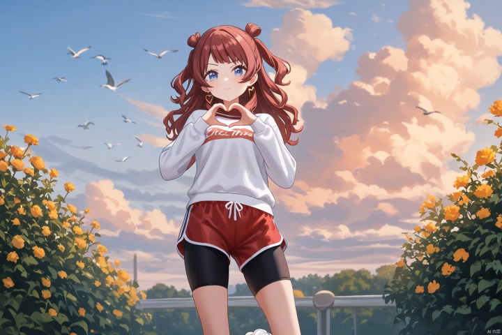 impasto,amazing quality,best quality,masterpiece,4k,saki hanami,saki three,1girl,blue eyes,red shorts,earrings,shoes,black socks,jewelry,bike shorts,black shorts,long sleeves,white footwear,blush,long hair,two side up,sneakers,red hair,double bun,clothes writing,slim skinny,watercolor,snclstyle,birds,sky,clouds,garden,blurry foreground,flowers,birds,water,look at viewer,making a heart sign