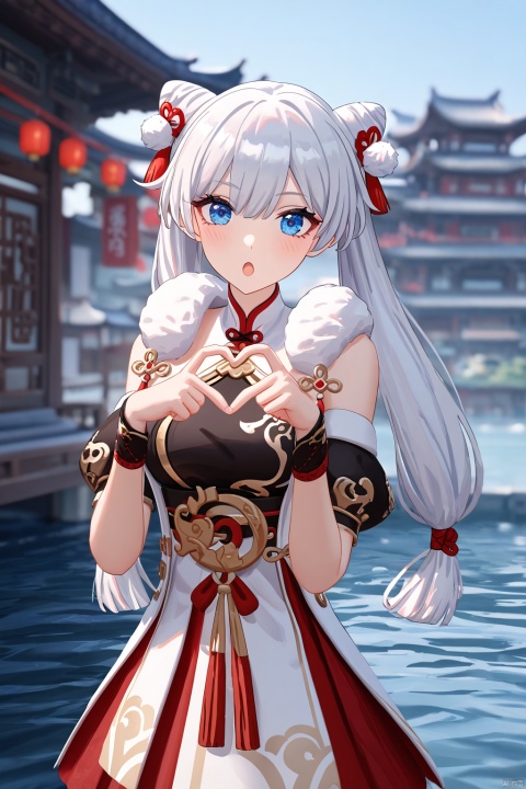 impasto,artist:houk1se1,xuetu, 10th clothes, 1girl, blue eyes,white hair, bangs, long hair,double bun,:o,detailed face,(upper body) BREAK beautiful color,detailed,best quality,amazing quality,very aesthetic,cowboy shot,masterpiece,look at viewer,(making a heart gesture with hands),hands up,standing,snclstyle,chinese building,water,sky,beautiful water,ray tracing,(detailed background),blush,blurry foreground,blurry background,watercolor,((from side))