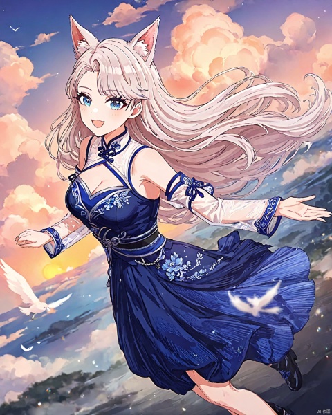 (impasto),watercolor,((artist:houk1se1)),(artist:modere),solo,((amazing quality)),1girl,white hair,blue eyes,long hair,lasymmetrical bangs,hair behind ear,animal ears, fox ears, detached sleeves, blue hakama,skirt,cleavage cutout,see-through,smile,open mouth,blush,upper body,look at viewer , from above,(beautiful color,detailed,best quality,very aesthetic:1.2),cowboy shot,bird,sky,cloud,wind,floating,ray tracing,depth of field,lighting and shadow,((perspective)),(lighting particles),colorful,snclstyle, as style, line art