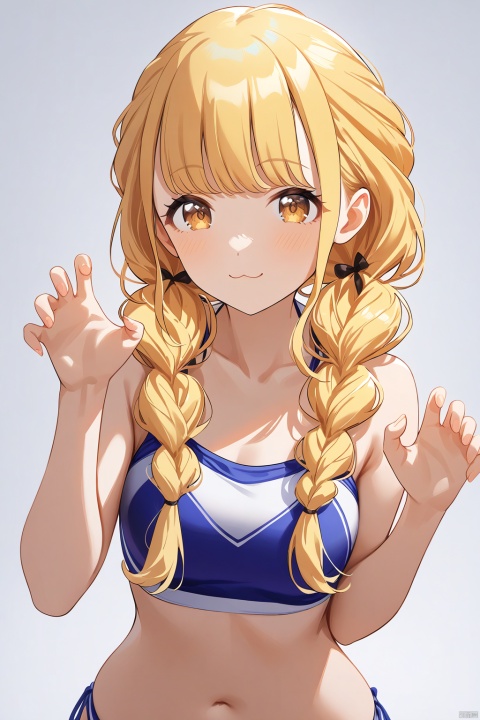 clean color,kotone fujita,kotone one,1girl,braid,twin braids,long hair,blonde hair,brown eyes,swimsuit,detailed face,(simple background),(white background),(upper body) BREAK beautiful color,detailed,best quality,amazing quality,very aesthetic,colorful,masterpiece,look at viewer,best quality,claw pose,standing,snclstyle,cowboy shot,:3,full body