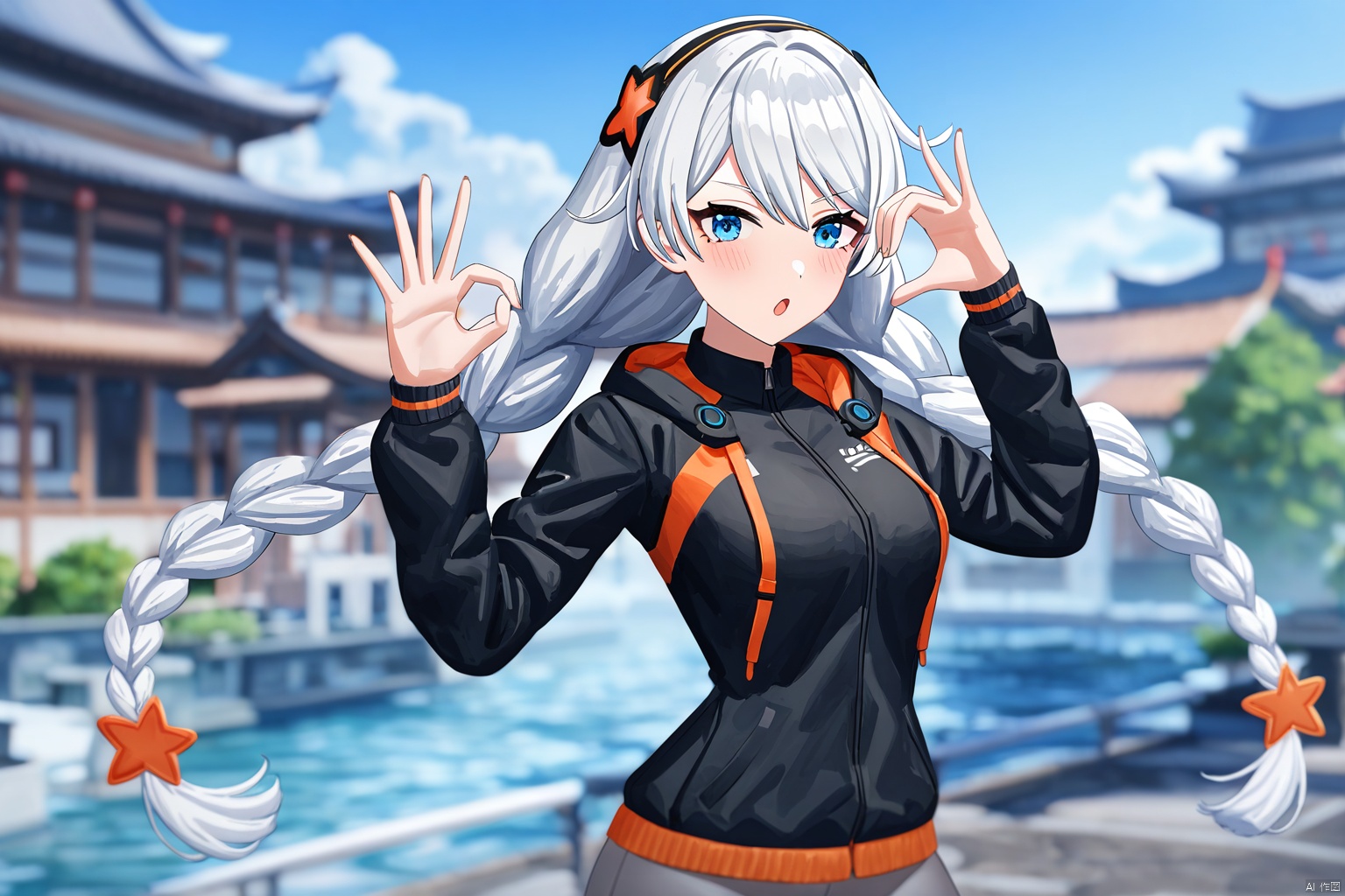 impasto,artist:houk1se1,kiana kaslana, mitu, 7th clothes, 1girl, jacket, braid, blue eyes, twin braids, long hair, white hair,:o,detailed face,(upper body) BREAK beautiful color,detailed,best quality,amazing quality,very aesthetic,cowboy shot,masterpiece,look at viewer,(making a heart gesture with hands),hands up,standing,snclstyle,chinese building,water,sky,beautiful water,ray tracing,(detailed background),blush,blurry foreground,blurry background,watercolor,