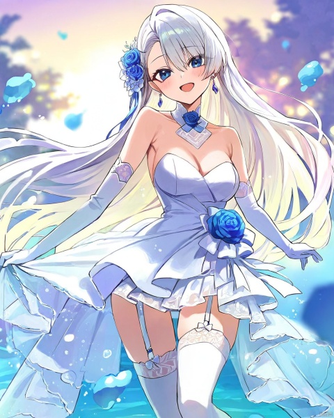 by nnoelllll, by kuroi susumu,by yellowpaint,by modare,by gemi, by yunamaro,by pottsness,by dikko,by zounose,1girl,blue eyes,long hair,asymmetrical bangs,white hair,hair behind ear,thighhighs,flower,garter straps,white hair ornament,white gloves,white elbow gloves,white thighhighs,white wedding dress,wedding dress,hair flower,purple earrings,blue flower,bare shoulders,blue rose,detachedcollar, smile, ,summer,detailed,amazing quality, ,BREAK,blurry_background,blurry_foreground,shiny,open_mouth,blush,gentle eyes,luminous eyes,sea,water,sky,beautiful water,(Volumetric Lighting,Cinematic Lighting), snclstyle,
