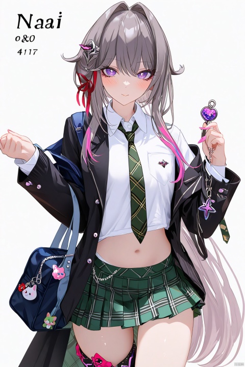  nai3,masterpiece, best quality,1girl, alternate costume, solo, bag, looking at viewer, blush, plaid, charm (object), bag charm, bangs, contemporary, sidelocks, jewelry, character name, female woman, white background, \\\\\\\\\ nai3, masterpiece, best quality,1girl, school uniform, alternate costume, solo, skirt, bag, necktie, multicolored hair, looking at viewer, blush, plaid skirt, school bag, plaid, charm (object), bag charm, sidelocks, jewelry, pleated skirt, green skirt, white shirt, green necktie, collared shirt, character name, female child, white background,school_uniform,school_girl,school_uniforms, \\\\\\\\\\\, Thelema, 1girl,   very long hair, purple eyes, navel, single thighhigh,   grey hair, hair ornament, boots,snclstyle
