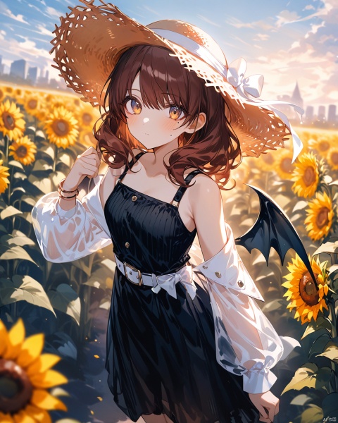 Kumiko, (artist:wanke),(artist:ciloranko),(artist:ningen_mame),masterpiece,best quality,high quality,(colorful), 1girl, sunflower, flower, solo, , hat, long hair, outdoors,,black pinafore dress,belt,puffy long sleeves,see-throughsleeves,rose, wings, day, looking at viewer, bare shoulders, cloud, sky, blush,straw hat, blue sky, closed mouth, standing, demon wings, yellow flower, looking at viewer, sundress, sun hat,, from above, brown headwear, jewelry,sunflower field, depth of field, white bow, , sleeveless, off shoulder, bracelet, leaf, sleeveless dress, blurry, cloudy sky, bat wings, snclstyle,mole under eye, glow,Hazy light