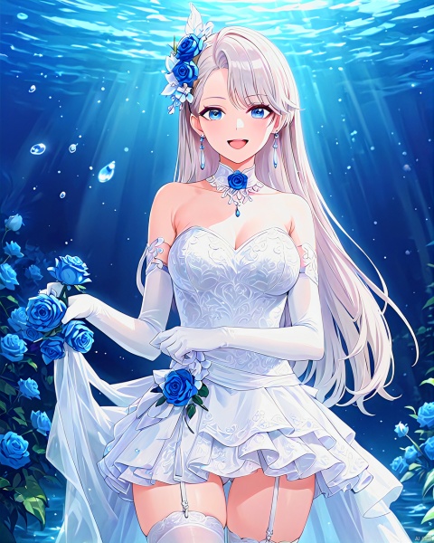  (masterpiece,best quality),(by misaka_12003-gou),by sho_(sho_lwlw),by modare,(by gemi),(2.5d),1girl,blue eyes,long hair,asymmetrical bangs,white hair,hair behind ear,thighhighs,flower,garter straps,white hair ornament,white gloves,white elbow gloves,white thighhighs,white wedding dress,wedding dress,hair flower,purple earrings,blue flower,bare shoulders,blue rose,detachedcollar, smile, ,summer,detailed,amazing quality, ,BREAK,blurry_background,blurry_foreground,shiny,open_mouth,blush,gentle eyes,luminous eyes,sea,water,sky,beautiful water,(Volumetric Lighting,Cinematic Lighting), snclstyle, glow