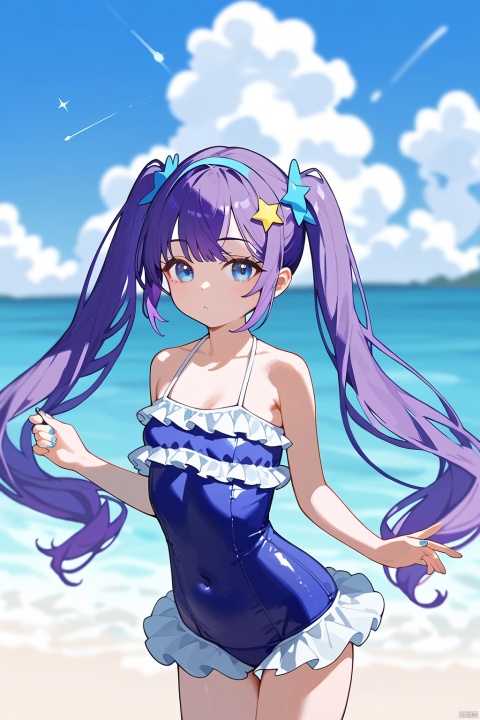 (score_9,score_8_up,score_7_up),style_1,style_2,style_3,style_4,1girl, purple hair, twintails, blue eyes, long hair, star hair ornament, blue one-piece swimsuit, blue hairband, solo, very long hair, small breasts, frilled swimsuit,watercolor,beach,sky,cloud,blurry foreground,blurry background,floating stars