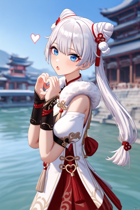 ((from side)),impasto,artist:houk1se1,xuetu, 10th clothes, 1girl, blue eyes,white hair, bangs, long hair,double bun,:o,detailed face,(upper body) BREAK beautiful color,detailed,best quality,amazing quality,very aesthetic,cowboy shot,masterpiece,look at viewer,(making a heart gesture with hands),hands up,standing,snclstyle,chinese building,water,sky,beautiful water,ray tracing,(detailed background),blush,blurry foreground,blurry background,watercolor,