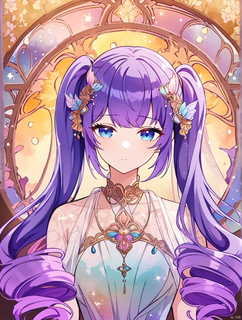 very aesthetic,aesthetic,amazing quality,best quality,hight,hight quality,masterpiece,,snclstyl,beautiful detailed eyes,gentle eyes BREAK
,long hair,purple hair,blue eyes,twintails,dress,see-through,hair ornament BREAK
blurry,blurry_foreground,depth_of_field,wallpaper,highres,colorful,Cinematic Lighting,lens flare,looking_away,head_down,upper body,traditional_media,(alphonse mucha),(art nouveau),sparkle,starry,bubble,pastel color,watercolor,shiny,drill hair, snclstyle