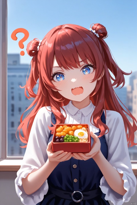 Best-A,masterpiece,best quality,high quality,best shadow,(colorful),miwano rag,wlop,myush,(ringed eyes,wavy mouth,open mouth,?,head tilt),saki hanami,blue eyes,long hair,two side up,red hair,hair dun,A girl extends a bento box towards the camera with a shy, blushing smile. Her eyes convey a mix of apology and playfulness, as the box contains not a meal, but a small snake—a quirky twist that surprises the viewer. The classroom setting, bathed in sunlight streaming through the windows, provides a warm and familiar backdrop. The beautiful sky outside adds a serene contrast to the intriguing scene inside, highlighting the girl's endearing awkwardness as she presents her unexpected gift.