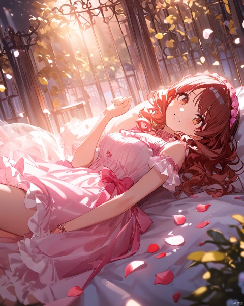  (Kumiko),((artist:ciloranko)),((artist:ningen_mame)),clean coloring,masterpiece,best quality,high quality, The image features a girl with brown, wavy hair adorned with a pink ribbon bow. She has brown eyes and is smiling happily. The girl is wearing a frilly pink dress. She is holding a giant flower and a basket filled with flower petals, which she is scattering around. The setting appears to be a garden with a wrought iron fence and abundant roses in the background. The scene is bright and sunlit with soft lighting. The girl is depicted lying down, reaching out, and floating in a whimsical, fairy-tale-like manner, giving an elegant and playful impression,glow,snclstyle,blush,ray tracing, PVC,middle breasts