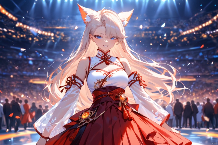 masterpiece,bestquality,higher quality,best quality,aesthetic,very aesthetic,best quality,hight quality,hight,vision,newest BREAK ,1girl,blue eyes,long hair,asymmetrical bangs,white hair,hair behind ear, animal ears, fox ears, detached sleeves, red hakama,cleavagecutout,see-through sleeves,cowboy_shot,upper_body,smile,stage,many people,wind,solo,glow,cinematic lighting,motion blur,depth of field,lens flare,fantastic,colorful,watercolor,