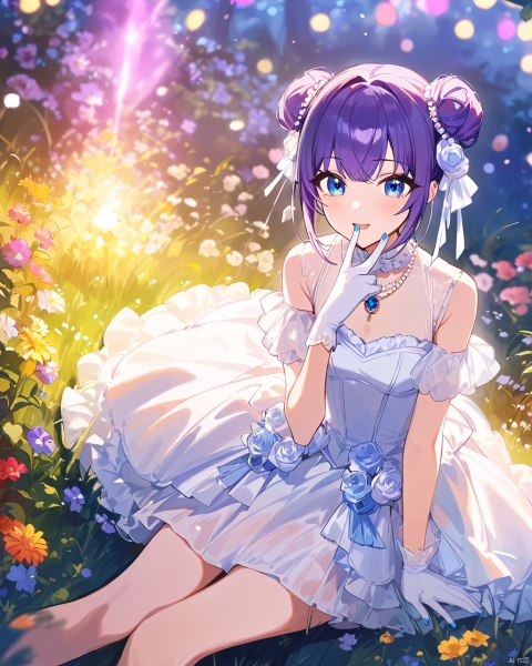 anime,by modare,by ningen mame ,by ciloranko,by sho (sho lwlw) , 1girl, blue eyes, double bun, hair bun, purple hair, wedding dress, white gloves, sleeveless, nail polish, bangs, blue nails, small breasts, red gem necklace,,sitting, arm support, smile, detailed,amazingquality, snclstyle,BREAK,blurry_background,blurry_foreground,shiny,open_mouth,blush,v over mouth,watercolor,ray tracing,gentle eyes,luminous eyes,grass,flowers,garden,beautiful color,colorful,(Volumetric Lighting,Cinematic Lighting), glow