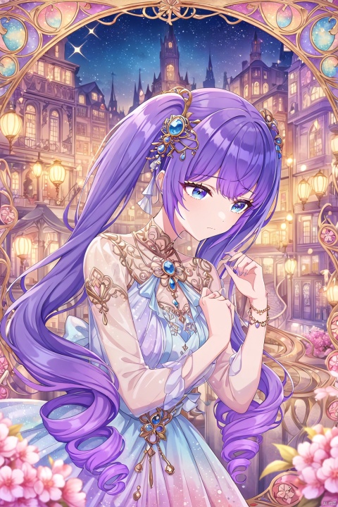 very aesthetic,aesthetic,amazing quality,best quality,hight,hight quality,masterpiece,,snclstyl,beautiful detailed eyes,gentle eyes BREAK
,long hair,purple hair,blue eyes,twintails,dress,see-through,hair ornament BREAK
(blurry),(blurry_foreground),(depth_of_field),wallpaper,highres,colorful,Cinematic Lighting,lens flare,looking_away,head_down,upper body,traditional_media,(mucha),(art nouveau),sparkle,starry,pastel color,watercolor,shiny,drill hair, snclstyle,city,glow,watercolor_(medium),stars,sky,night