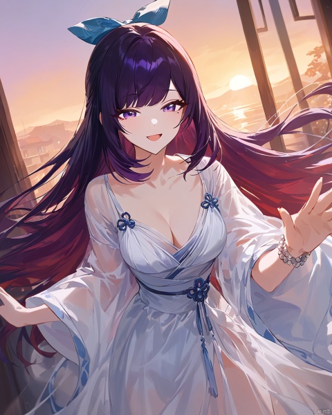original,(modare),((artist:wanke)),artist:ciloranko,((artist:ningen_mame)),(wlop:0.6),anime,1girl,long hair,purple hair,half-closed eyes, smile,red hair bow, open mouth, hand outstretched, medium breasts, collarbone, cleavage, chinese hanfu, wide sleeves, see-through sleeves, white dress, floating hair, wearing a pair of white jade bracelets, indoors, cowboy shot, dusk, bamboo, dutch angle, masterpiece, bestquality, ultra detailed, Ancient China_Indoor scenes,best quality,high quality,very aesthetic,mole under eye,purple eyes,looking_at_viewer,motion_lines,motion_blur,speed_lines,depth of field, snclstyle