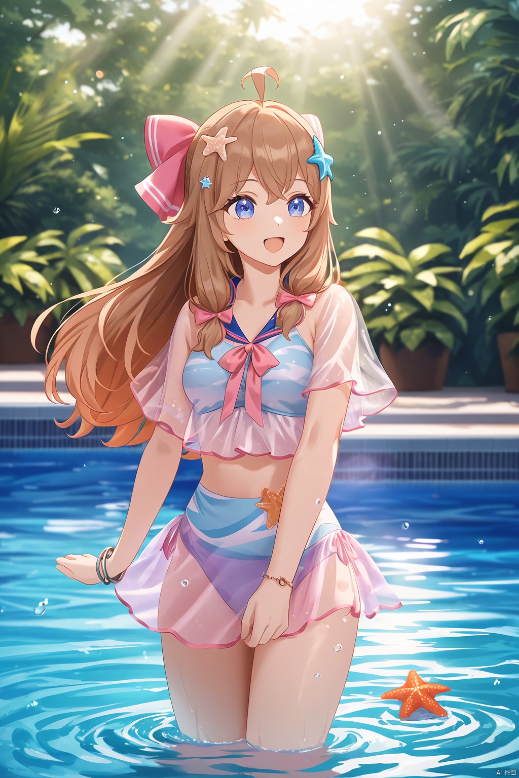 masterpiece,best quality,amazing quality,anime,anime color,1girl,swimsuit,blue eyes,long hair,brown hair,ahoge,pink hair bow,bracelet,starfish hair ornament,see-through,see-through sleeves,shortsleeves,Anime style, cinematic shot of a girl playing joyfully in a swimming pool, dynamic and energetic, with beautiful detailed eyes, sun-kissed skin, surrounded by the cool blue water of the pool, splashing water with a sense of fun, bright sunlight casting a warm glow, tropical plants adding to the lively setting, (best quality, 4k, 8k, highres, masterpiece:1.2), ultra-detailed, realistic, , vibrant colors, sharp focus, dynamic lighting, high contrast, anime portraits, outdoor summer scene, cheerful mood, youthful energy, clear water with sparkling reflections, playful water splashes, sunny and bright anime art, cinematic composition, film grain, depth of field, (happy:1.1), (joyful:1.1), (carefree:1.1), (youthful:1.1), (swimming pool:1.3), (sunlight:1.3), (anime vibrant:1.2), (colorful:1.2), (anime realism:1.2), (anime high-definition:1.2), (anime joyful expression:1.2), (cinematic lighting:1.3), (filmic look:1.3)
