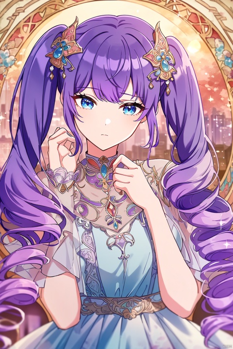 very aesthetic,aesthetic,amazing quality,best quality,hight,hight quality,masterpiece,,snclstyl,beautiful detailed eyes,gentle eyes BREAK
,long hair,purple hair,blue eyes,twintails,dress,see-through,hair ornament BREAK
(blurry),(blurry_foreground),(depth_of_field),wallpaper,highres,colorful,Cinematic Lighting,lens flare,looking_away,head_down,upper body,traditional_media,(mucha),(art nouveau),sparkle,starry,pastel color,watercolor,shiny,drill hair, snclstyle,city,