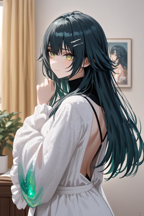 A captivating impasto-inspired artwork featuring Temari Tsukimura's character with ringed eyes and a wavy mouth, head tilted in a gentle gaze. She waves her hand softly as if embracing the viewer. Her long black hair cascades down her back, framing her porcelain-like skin with green eyes shining like emeralds. The scene takes place indoors amidst a warm atmosphere, curtains parted to reveal a cozy setting. She wears a black turtleneck sweater and white long sleeves, her brown-eyes sparkling with creative energy as she holds up her impasto artwork. A hairclip secures stray strands of hair, while a delicate ornament adorns her locks, adding a touch of whimsy to the overall scene.