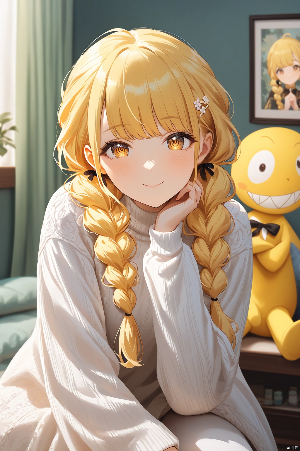 ringed eyes,homu,kotone fujita,,braid,twin braids,long hair,blonde hair,brown eyes,A delightful impasto-inspired artwork! A cute-faced girl with liduke-inspired features gazes directly at the viewer, her cheeks blushing softly. Indoors, amidst a cozy atmosphere with parted curtains, she sits wearing a black turtleneck sweater, white long sleeves, and a brown-eyed gaze that shines like emeralds. Her hair is styled in loose waves with a hairclip holding back stray strands. A delicate hair ornament adorns her locks, complementing the intricate details of her impasto-style artwork. The focus lies on her face, with her hand gently resting on her own cheek as she sports a charming smile.