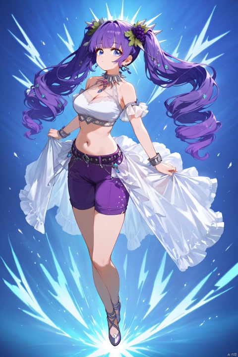 (score_9,score_8_up,score_7_up),style_1,style_2,style_3,style_4, glow,masterpiece,best quality,amazing quality,beautiful detailed,4K,very aesthetic,beautiful color,1girl, twintails, solo, blue eyes, purple hair, grapes hair ornament, white crop top, purple shorts, long hair, bangs, spikes, breasts, spikedcollar,full body