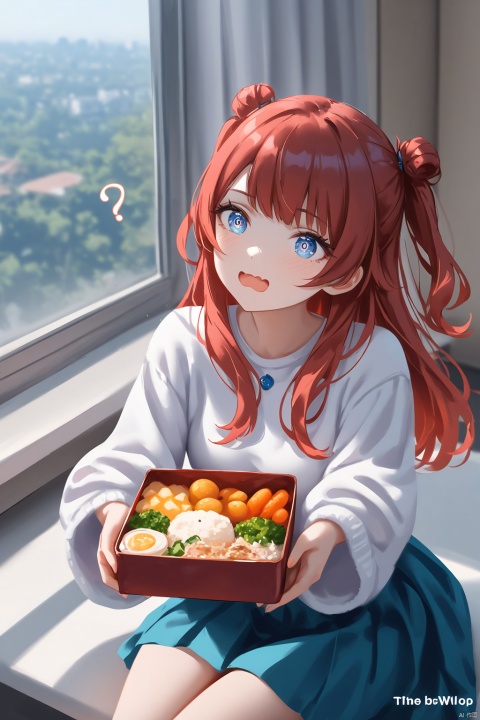 Best-A,masterpiece,best quality,high quality,best shadow,(colorful),miwano rag,wlop,myush,(ringed eyes,wavy mouth,open mouth,?,head tilt),saki hanami,blue eyes,long hair,two side up,red hair,hair dun,A girl extends a bento box towards the camera with a shy, blushing smile. Her eyes convey a mix of apology and playfulness, as the box contains not a meal, but a small snake—a quirky twist that surprises the viewer. The classroom setting, bathed in sunlight streaming through the windows, provides a warm and familiar backdrop. The beautiful sky outside adds a serene contrast to the intriguing scene inside, highlighting the girl's endearing awkwardness as she presents her unexpected gift.