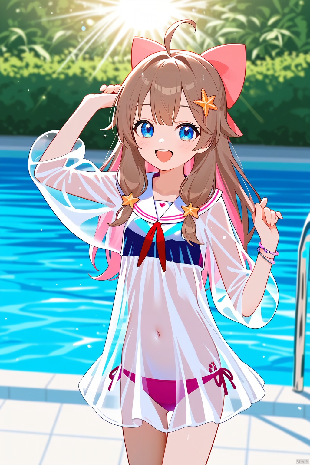 masterpiece,best quality,amazing quality,anime,anime color,1girl,swimsuit,blue eyes,long hair,brown hair,ahoge,pink hair bow,bracelet,starfish hair ornament,see-through,see-through sleeves,shortsleeves,Anime style, cinematic shot of a girl playing joyfully in a swimming pool, dynamic and energetic, with beautiful detailed eyes, sun-kissed skin, surrounded by the cool blue water of the pool, splashing water with a sense of fun, bright sunlight casting a warm glow, tropical plants adding to the lively setting, (best quality, 4k, 8k, highres, masterpiece:1.2), ultra-detailed, realistic, , vibrant colors, sharp focus, dynamic lighting, high contrast, anime portraits, outdoor summer scene, cheerful mood, youthful energy, clear water with sparkling reflections, playful water splashes, sunny and bright anime art, cinematic composition, film grain, depth of field, (happy:1.1), (joyful:1.1), (carefree:1.1), (youthful:1.1), (swimming pool:1.3), (sunlight:1.3), (anime vibrant:1.2), (colorful:1.2), (anime realism:1.2), (anime high-definition:1.2), (anime joyful expression:1.2), (cinematic lighting:1.3), (filmic look:1.3)
