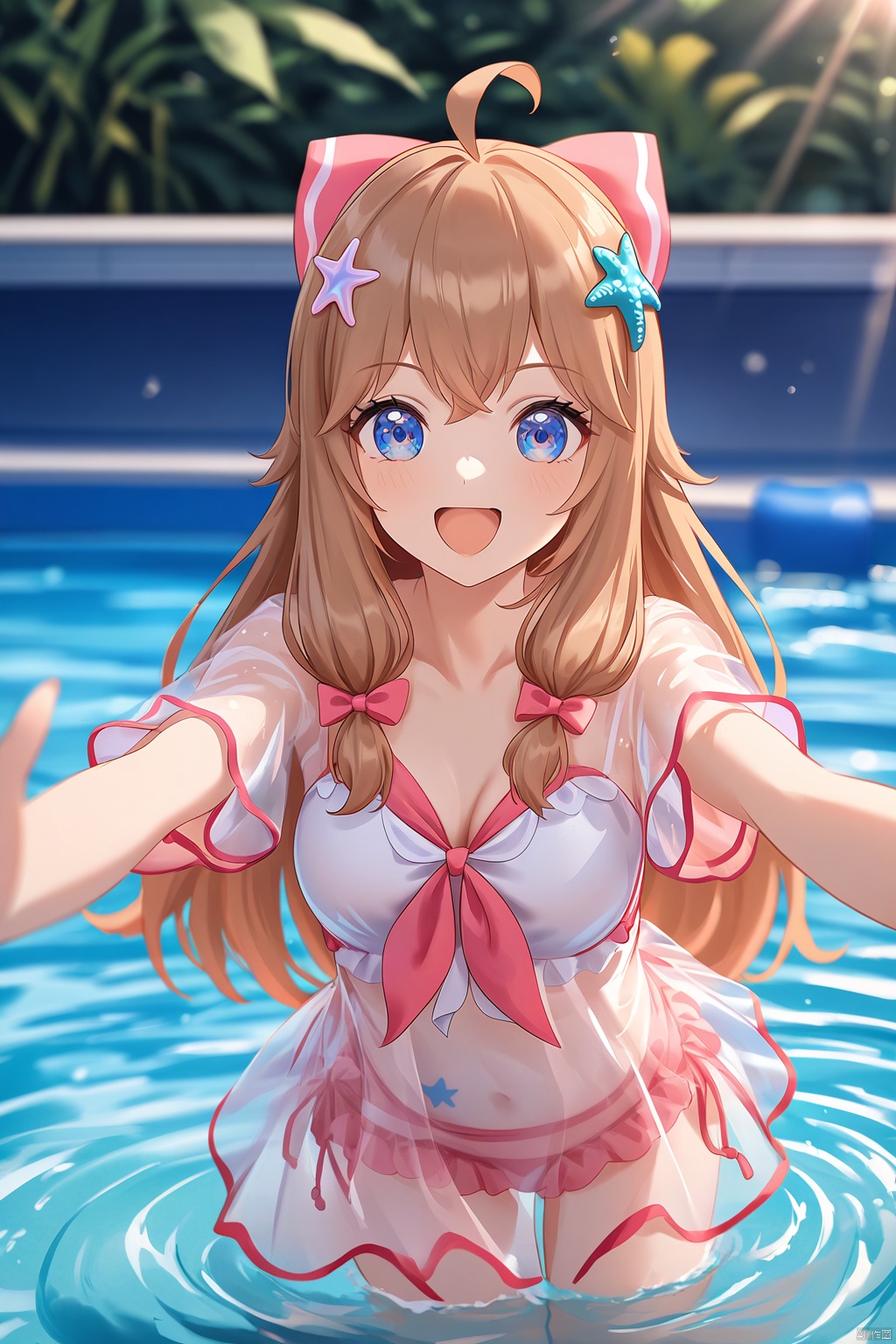 masterpiece,best quality,amazing quality,anime,anime color,1girl,swimsuit,blue eyes,long hair,brown hair,ahoge,pink hair bow,bracelet,starfish hair ornament,see-through,see-through sleeves,shortsleeves,Anime style, cinematic shot of a girl playing joyfully in a swimming pool, dynamic and energetic, with beautiful detailed eyes, sun-kissed skin, surrounded by the cool blue water of the pool, splashing water with a sense of fun, bright sunlight casting a warm glow, tropical plants adding to the lively setting, (best quality, 4k, 8k, highres, masterpiece:1.2), ultra-detailed, realistic, , vibrant colors, sharp focus, dynamic lighting, high contrast, anime portraits, outdoor summer scene, cheerful mood, youthful energy, clear water with sparkling reflections, playful water splashes, sunny and bright anime art, cinematic composition, film grain, depth of field, (happy:1.1), (joyful:1.1), (carefree:1.1), (youthful:1.1), (swimming pool:1.3), (sunlight:1.3), (anime vibrant:1.2), (colorful:1.2), (anime realism:1.2), (anime high-definition:1.2), (anime joyful expression:1.2), (cinematic lighting:1.3), (filmic look:1.3)