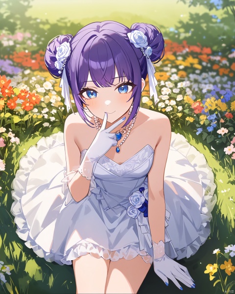 flat color,artist:agm,by ningen mame ,by ciloranko,by sho (sho lwlw) , 1girl, blue eyes, double bun, hair bun, purple hair, wedding dress, white gloves, sleeveless, nail polish, bangs, blue nails, small breasts, redgemnecklace,, sitting, arm support, smile, detailed,amazingquality, snclstyle,blurry_background,blurry_foreground,shiny,2.5d,>o<,blush,v over mouth,watercolor,ray tracing,gentle eyes,luminous eyes,grass,flowers,garden,