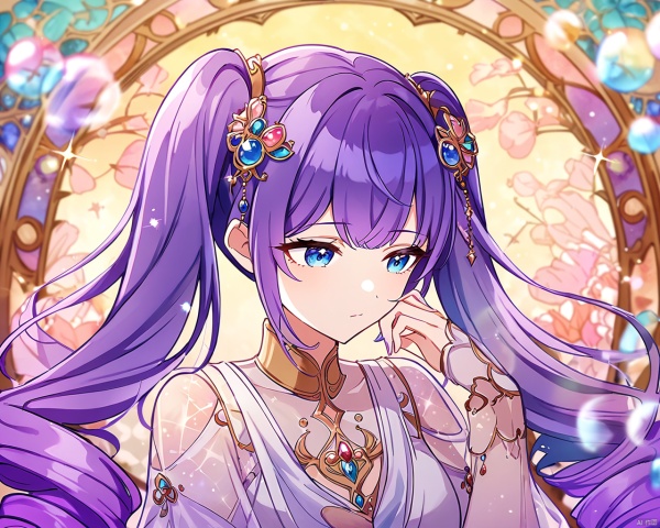 very aesthetic,aesthetic,amazing quality,best quality,hight,hight quality,masterpiece,,snclstyl,beautiful detailed eyes,gentle eyes BREAK
,long hair,purple hair,blue eyes,twintails,dress,see-through,hair ornament BREAK
blurry,blurry_foreground,depth_of_field,wallpaper,highres,colorful,Cinematic Lighting,lens flare,looking_away,head_down,upper body,traditional_media,(mucha),(art nouveau),sparkle,starry,bubble,pastel color,watercolor,shiny,drill hair, snclstyle