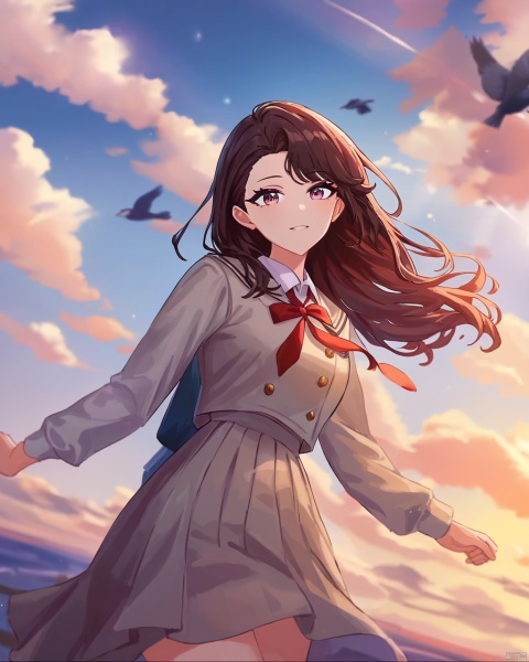 impasto,watercolor,houk1se1,(modere),solo,((amazing quality)),1girl,school uniform,upper body,look at viewer , (beautiful color,detailed,best quality,very aesthetic:1.2),cowboy shot,bird,sky,cloud,wind,floating,ray tracing,depth of field,lighting and shadow,(perspective),lighting particles,colorful,snclstyle
