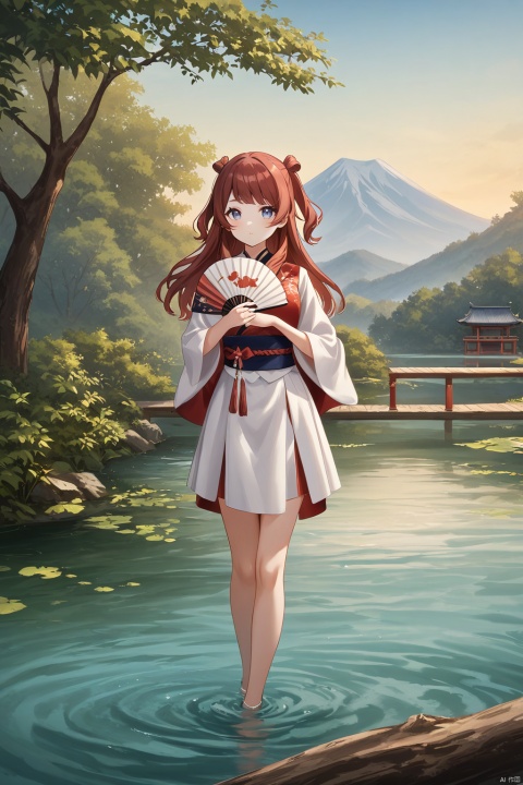 aki hanami,saki one,1girl,blue eyes,long hair,two side up,red hair,look at viewer,A serene ink and wash painting depicts Saki One standing at the edge of a tranquil lake, surrounded by lush greenery and East Asian-inspired architecture. Her long, red hair flows down her back like a waterfall, while her blue eyes gaze out into the distance. A majestic bird perches on a branch, overlooking the calm waters. The scenery is bathed in soft, gentle light, with the distant mountain range creating a breathtaking backdrop. Saki's slender figure is posed with one side facing the viewer, as if she's lost in thought, her hands gently holding an ink-painted fan.