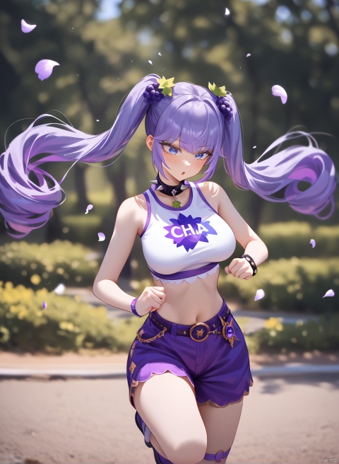 2d,anime,source_anime,highres absurdres,masterpiece,bestquality,higher quality,best quality,blush,  1girl, twintails, solo, blue eyes, purple hair, grapes hair ornament, white crop top, purple shorts, long hair, grapes, bangs, spikes, breasts,spikedcollar,aesthetic,very aesthetic,best quality,hight ,wind,floating flowers,vision,fashion,fighting