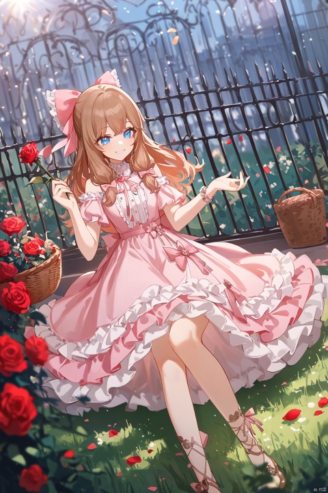 ((artist:ciloranko)),((artist:ningen_mame)),masterpiece,best quality,high quality,(clean coloring), 1girl, brown hair, ribbon, pink ribbon, bow, hair bow, hair ornament, blue eyes, smiling, happy, dress, pink dress, frills, frilly dress, flower, big flower, holding flower, basket, basket of petals, petals, scattering petals, garden, fence, wrought iron fence, outdoor, bright, sunlight, soft light, rose, giant rose, blurry foreground,detailed background, full body, lying down, reaching out, floating, playful, fantasy, whimsical, fairy tale, elegant, glow,snclstyle,luminous eyes