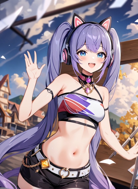 (houkisei),highres absurdres,masterpiece,bestquality,higher quality,best quality,blush, 1girl, solo, animal ear headphones, twintails, long hair, purple hair, blue eyes, black shorts, fashion tube top, midriff, very long hair, small breasts,navel,bangs,stage of magic (idolmaster),aesthetic,very aesthetic,best quality,hight quality,hight,twintails,flowers,sky,clouds,wind,smile,vision,newst,  upper body, , dynamic angle,  oil painting, drawing, waving, :d, blinking, 
