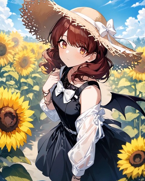 Kumiko, (artist:wanke),(artist:ciloranko),(artist:ningen_mame),masterpiece,best quality,high quality,(colorful), 1girl, sunflower, flower, solo, , hat, long hair, outdoors,,black pinafore dress,belt,puffy long sleeves,see-throughsleeves,rose, wings, day, looking at viewer, bare shoulders, cloud, sky, blush,straw hat, blue sky, closed mouth, standing, demon wings, yellow flower, looking at viewer, sundress, sun hat,, from above, brown headwear, jewelry,sunflower field, depth of field, white bow, , sleeveless, off shoulder, bracelet, leaf, sleeveless dress, blurry, cloudy sky, bat wings, snclstyle,mole under eye, glow