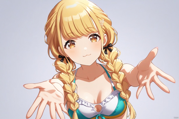 clean color,kotone fujita,kotone one,1girl,((reaching out)),braid,twin braids,long hair,blonde hair,brown eyes,（swimsuit）,detailed face,(simple background),(white background),(upper body) BREAK beautiful color,detailed,best quality,amazing quality,very aesthetic,colorful,masterpiece,look at viewer,best quality,snclstyle,cowboy shot,:3,full body,chibi,middle breasts,(banknote)