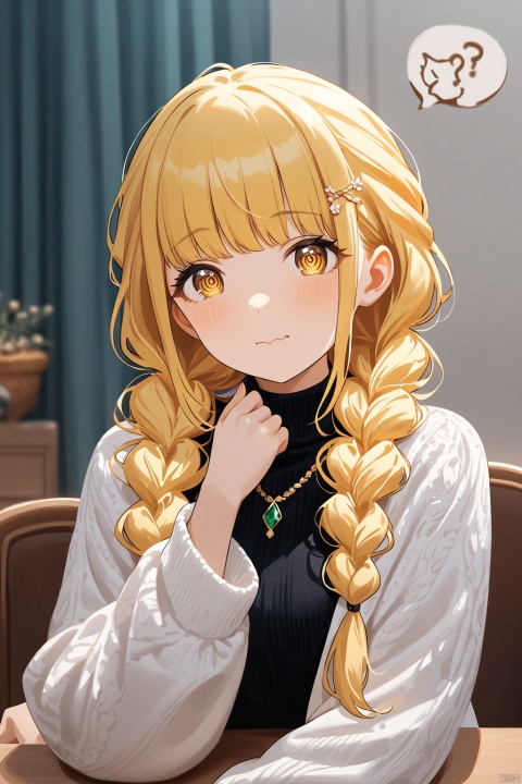 (ringed eyes,wavy mouth,???,head tilt),waving,kotone fujita,,braid,twin braids,long hair,blonde hair,brown eyes,A delightful impasto-inspired artwork! A cute-faced girl with liduke-inspired features gazes directly at the viewer, her cheeks blushing softly. Indoors, amidst a cozy atmosphere with parted curtains, she sits wearing a black turtleneck sweater, white long sleeves, and a brown-eyed gaze that shines like emeralds. Her hair is styled in loose waves with a hairclip holding back stray strands. A delicate hair ornament adorns her locks, complementing the intricate details of her impasto-style artwork. The focus lies on her face, with her hand gently resting on her own cheek.