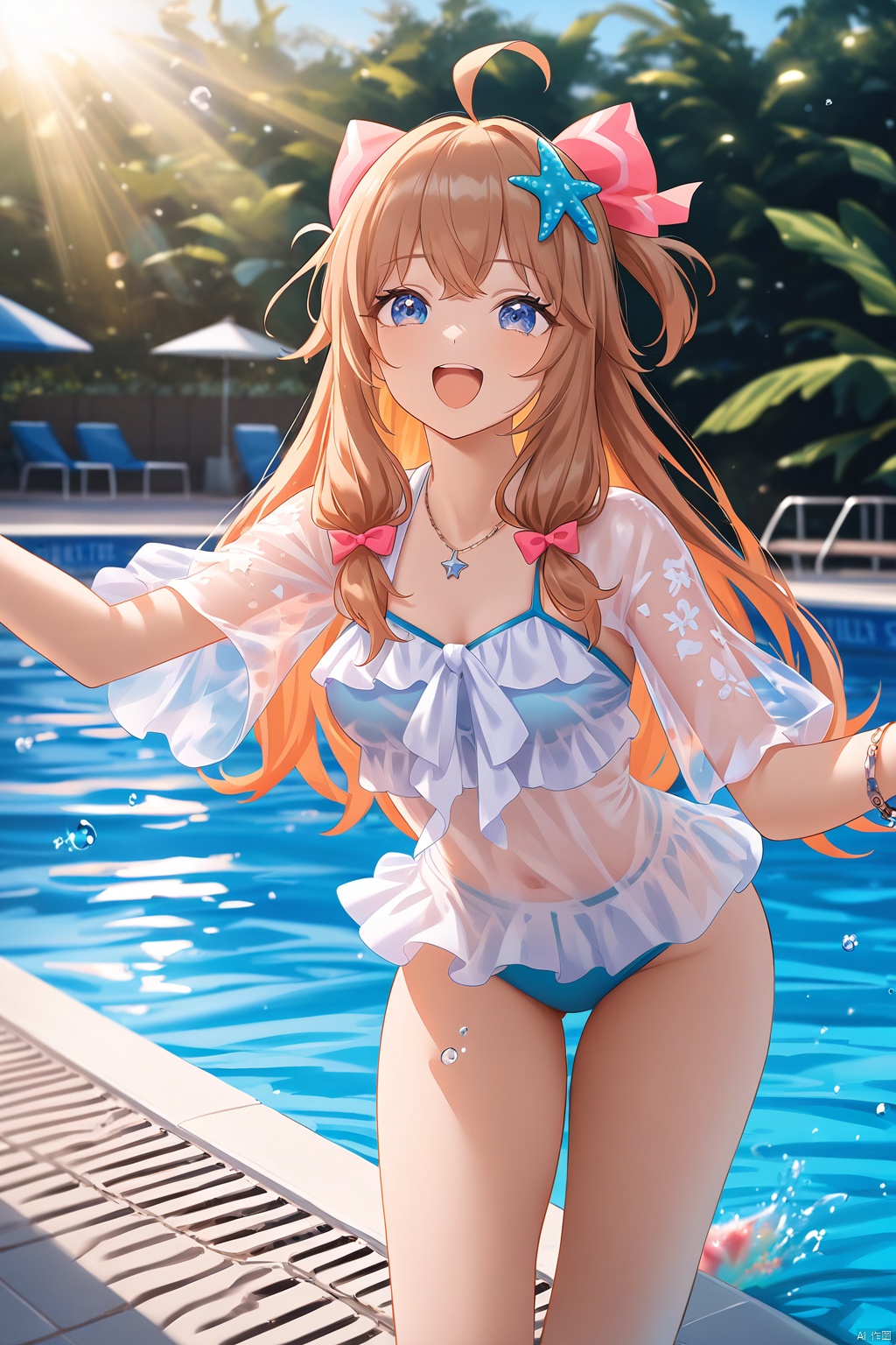 masterpiece,best quality,amazing quality,anime,anime color,1girl,swimsuit,blue eyes,long hair,brown hair,ahoge,pink hair bow,bracelet,starfish hair ornament,see-through,see-through sleeves,shortsleeves,Anime style, cinematic shot of a girl playing joyfully in a swimming pool, dynamic and energetic, with beautiful detailed eyes, sun-kissed skin, surrounded by the cool blue water of the pool, splashing water with a sense of fun, bright sunlight casting a warm glow, tropical plants adding to the lively setting, (best quality, 4k, 8k, highres, masterpiece:1.2), ultra-detailed, realistic, , vibrant colors, sharp focus, dynamic lighting, high contrast, anime portraits, outdoor summer scene, cheerful mood, youthful energy, clear water with sparkling reflections, playful water splashes, sunny and bright anime art, cinematic composition, film grain, depth of field, (happy:1.1), (joyful:1.1), (carefree:1.1), (youthful:1.1), (swimming pool:1.3), (sunlight:1.3), (anime vibrant:1.2), (colorful:1.2), (anime realism:1.2), (anime high-definition:1.2), (anime joyful expression:1.2), (cinematic lighting:1.3), (filmic look:1.3)