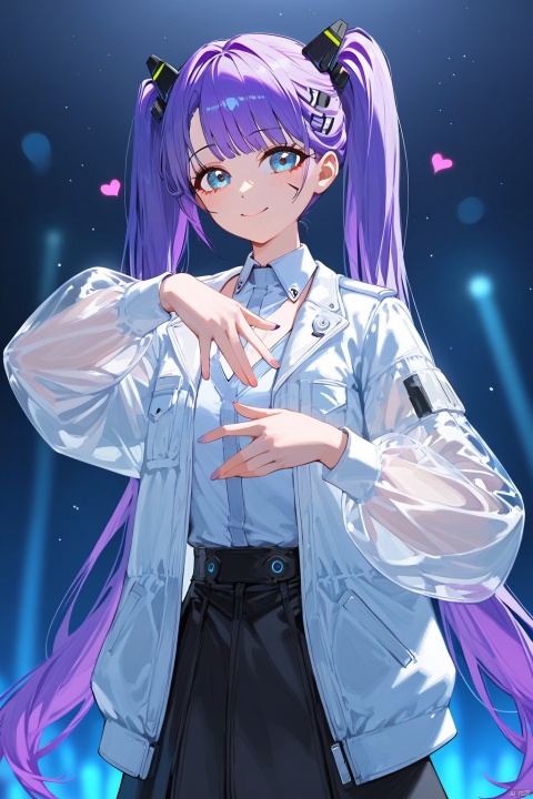 forming a heart with hands.,(score_9,score_8_up,score_7_up),style_1,style_2,style_3,style_4, glow,masterpiece,best quality,amazing quality,beautiful detailed,4K,very aesthetic,beautiful color,1girl, solo, purple hair, blue eyes, twintails, smile, long hair, very long hair, white collared jacket, cyberpunk hair ornament, black skirt, see-through sleeves, jacket, white jacket,