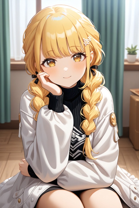 kotone fujita,,braid,twin braids,long hair,blonde hair,brown eyes,A delightful impasto-inspired artwork! A cute-faced girl with liduke-inspired features gazes directly at the viewer, her cheeks blushing softly. Indoors, amidst a cozy atmosphere with parted curtains, she sits wearing a black turtleneck sweater, white long sleeves, and a green-eyed gaze that shines like emeralds. Her hair is styled in loose waves with a hairclip holding back stray strands. A delicate hair ornament adorns her locks, complementing the intricate details of her impasto-style artwork. The focus lies on her face, with her hand gently resting on her own cheek as she sports a charming smile.