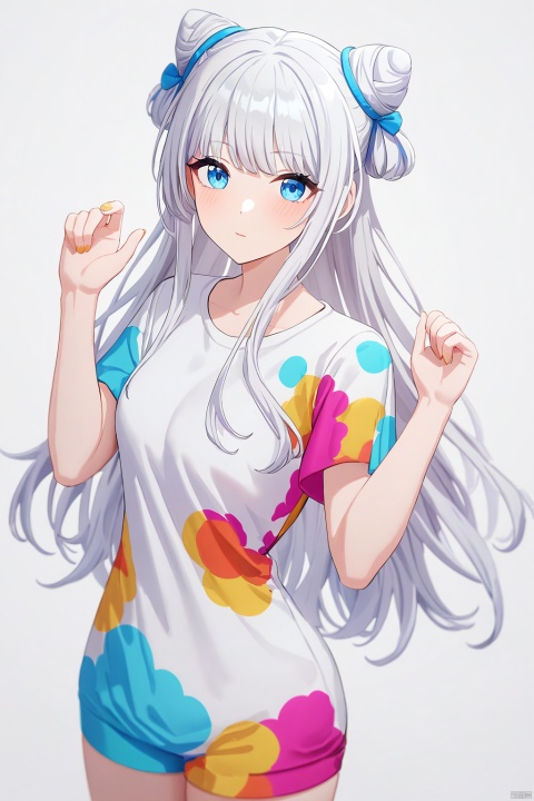 clean color,10th clothes1girl, blue eyes,white hair, bangs, long hair,double bun,detailed face,((simple background)),(white background),((upper body)) BREAK beautiful color,detailed,best quality,amazing quality,very aesthetic,cowboy shot,colorful,masterpiece,look at viewer,best quality,hands up,standing,snclstyle
