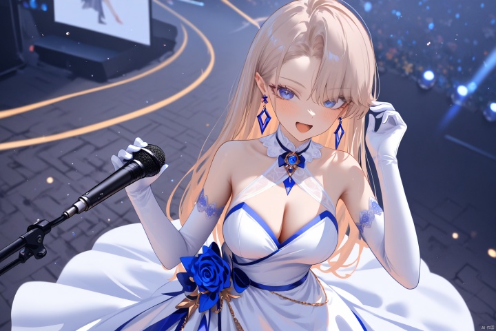 highres absurdres,masterpiece,bestquality,higher quality,best quality,blush,aesthetic,very aesthetic,best quality,hight quality,hight,vision,newest BREAK ,1girl,solo,white long dress,blue earrings,holding microphone,white gloves,flower,breasts,looking at viewer,white elbow gloves,:d