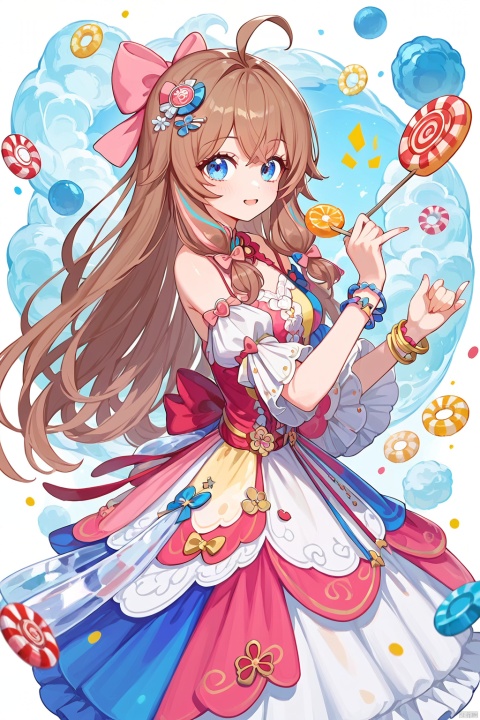 (score_9,score_8_up,score_7_up),style_1,style_2,style_3,style_4,masterpiece,best quality,amazing quality,1girl,blue eyes,brown hair,long hair,ahoge,hair ornament,candy hair ornament,multicolored dress,multicolored clothes,food-themed hair ornament,pink hair bow,bracelet,detachedsleeves,